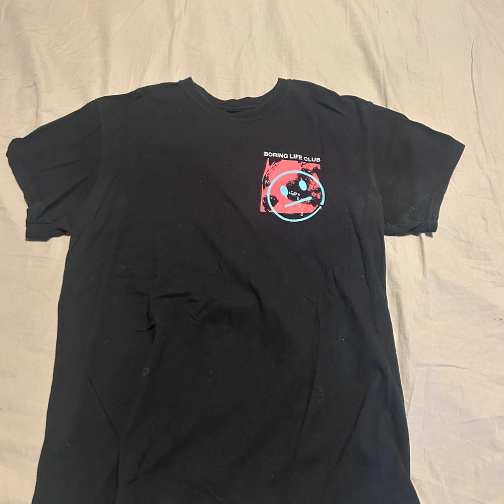 Black Graphic T-Shirt with Pink and Blue Design